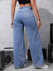 SHEIN ICON Quần jean ống đứng không co giãn màu nâu dành cho nữ cỡ lớn, thường ngày - Rửa nhẹ - Xem 2