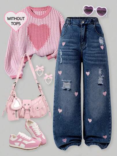 SHEIN ChillGRL Tween Girl Y2K Vintage Distressed Loose Fit Heart Embroidered Wide Leg Jeans, Casual For Daily Wear, School, Commute, Gathering, Back To School Season, Autumn/Winter 2025