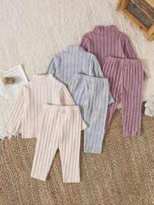 SHEIN 3 件套女婴罗纹高领毛衣套装，秋冬实用组合装，家居服 - 彩色 - 查看 2