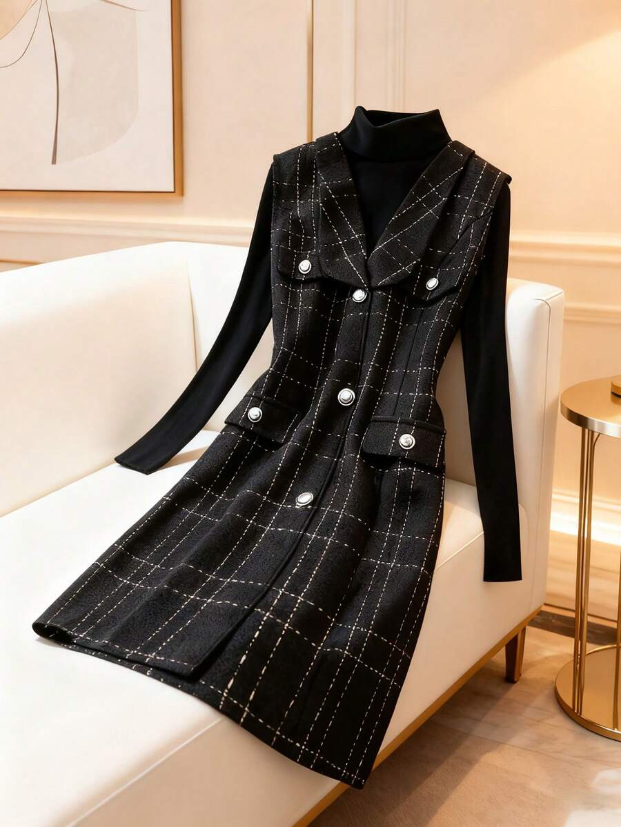 GlowEve 女装2025秋冬新品通勤百搭优雅日常粗花呢无袖连衣裙