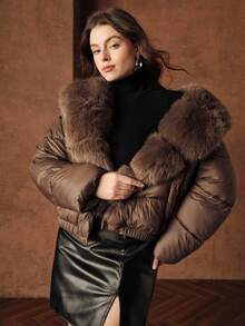 Anewsta Damen Große Größen Luxus plissierter Fellkragen, locker geschnittene kurze Jacke mit Kordelzug, dick, geeignet für Herbst, Autumn, Winter, elegant, schick, Neujahr, Lässig, Weihnachten - Braun - Übersicht 6