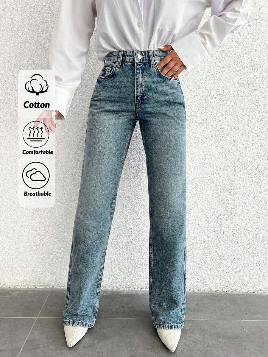 EURMUSE 100%纯棉高腰直筒牛仔裤 PETITE - 霧霾藍 - 查看 1
