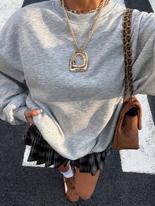 Muchica 女式樱花印花简约日常吊带背心、圆领长袖运动衫、秋冬长袖上衣 - 灰色 - 查看 5