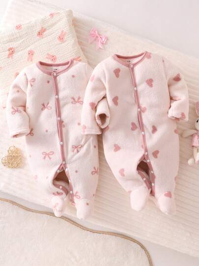 2pcs Newborn Simple Elegant Bow&Heart  Pink Sweet Long Sleeve Romper Fleece Pajamas Set Girl Newborn Clothes , Newborn Baby Clothes Comfortable And Soft Suitable For Fall & Winter Pajamas