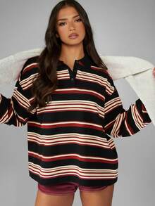 MISSGUIDED Striped Long Sleeve Rugby Polo Shirt With Collar Button Front Casual Fall Winter Top - BLACK AND RED - View 1