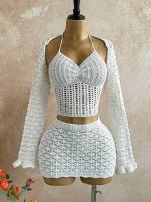 Soleia 休闲度假西部海滩婚礼宾客服装、毕业早午餐、圣帕特里克节春假复活节音乐节、优雅波西米亚热带纹理露背女士两件套针织套装 - 白色 - 查看 3