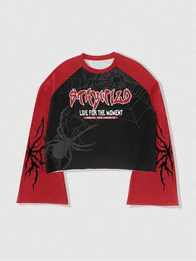 Street Life Camiseta casual de hombre con estampado de araña y bloques de color, otoño