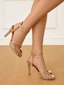 CUCCOO HITCHD 女士露趾珍珠装饰细高跟婚礼派对凉鞋 - 香檳色 - 查看 2