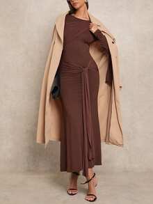 Glamine Women's Solid Color Ruffle Hem Fitted Long Sleeve Maxi Dress,Coffee Brown,Autumn,Elegant,Party Night Brown Elegant Dress - Coffee - View 3