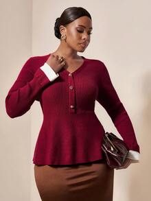 EMERY ROSE Plus Size Women Metal Button Design Long Sleeve Ruffle Hem Fashionable Sweater, Autumn/Winter - Burgundy - View 6