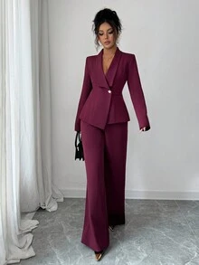 Elenzga petite 2件組女款套裝：酒紅色優雅辦公秋冬長袖翻領金屬扣不對稱下擺西裝外套與鬆緊腰長褲，商務派對適用，適合嬌小女性 - 紫紅色 - 查看 3