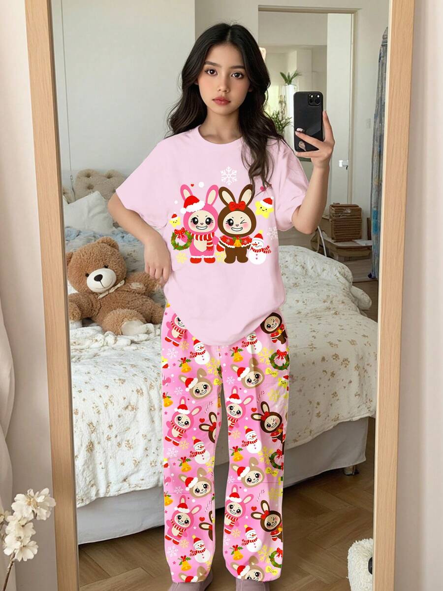 圣诞节粉色可爱卡通蝴蝶结动物图案,卡哇伊风格,少女休闲简约圆领短袖上衣和裤子家居服,适合所有季节,圣诞派对服装 - 彩色 - 查看 1