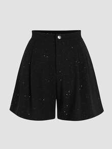 Celure Plus Size High Waist Black Sequin Wide Leg Shorts, Elegant Party Wear