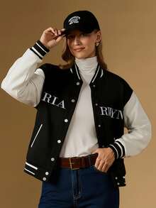 Briarwyn Women's Casual Color Block Letter Embroidery Baseball Jacket, Autumn Winter,New Year,Old Money Style - Black and White - View 7