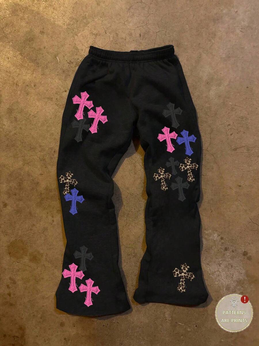 Manfinity Dauomo 男士松紧腰交叉贴布休闲宽松运动裤 - 黑色 - 查看 1