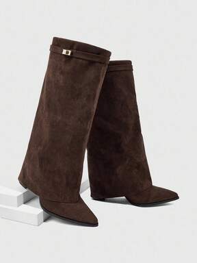 CUCCOO SZL Women's Pointed Toe Chunky Heel Suede Western Boots With Fringe, Slim Fit Tall Boots For Christmas Spring Shoes Fall Shoes