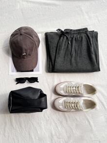 Modelyn 女士松紧腰抽绳休闲直筒宽松裤 - 深灰色 - 查看 8