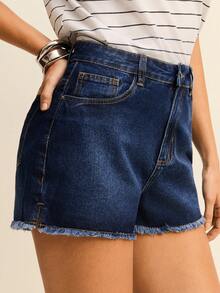 Daynim Split Raw Hem Denim Shorts - Dark Wash - View 4