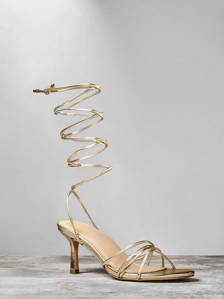 SHUZIA New Ladies' Gold Round Toe Strappy Tie-Up Ankle Strap Spring Summer Sexy Heel Sandals Holiday Party Dance - Gold - View 1
