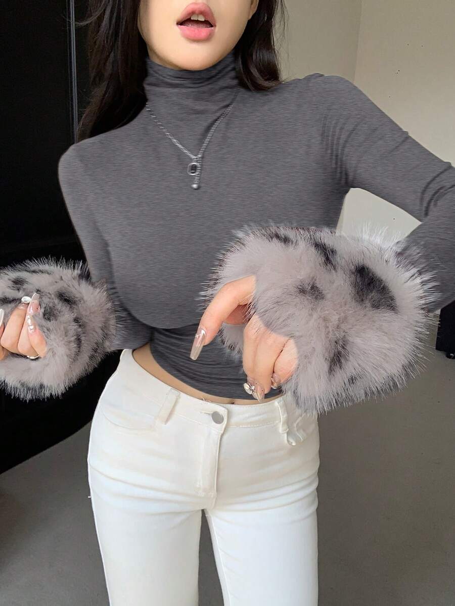 DAZY 女士豹纹拼接高领长袖基础款T恤，修身版型，秋冬Y2K风格 - 灰色 - 查看 1