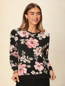 Coeurva Blommigt tryckt sweatshirt med nedhängda axelband, långärmade toppar för höst/vinter - Multifärgad - Visa 4