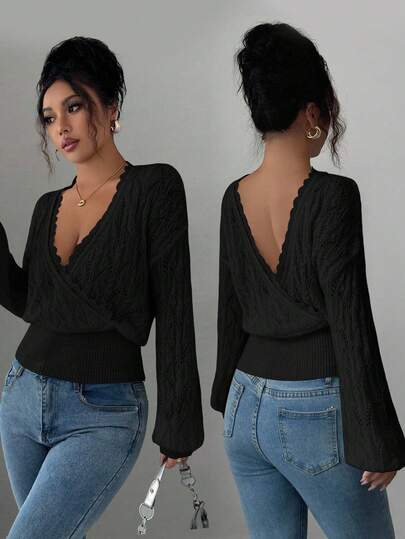 Elenzga Hollow Floral Lace V-Neck Backless Mohair Sweater For Women, Elegant Wool Knit Top Reversible Front & Back