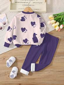 Set de 2 piezas de sudadera con cuello redondo y leggings con estampado de corazón casual y de moda para niñas preadolescentes, adecuado para otoño/invierno