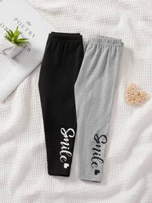 SHEIN 2pcs Baby Girl Casual Knit Letter Pattern Elastic Waist Pants - Multicolor - View 1