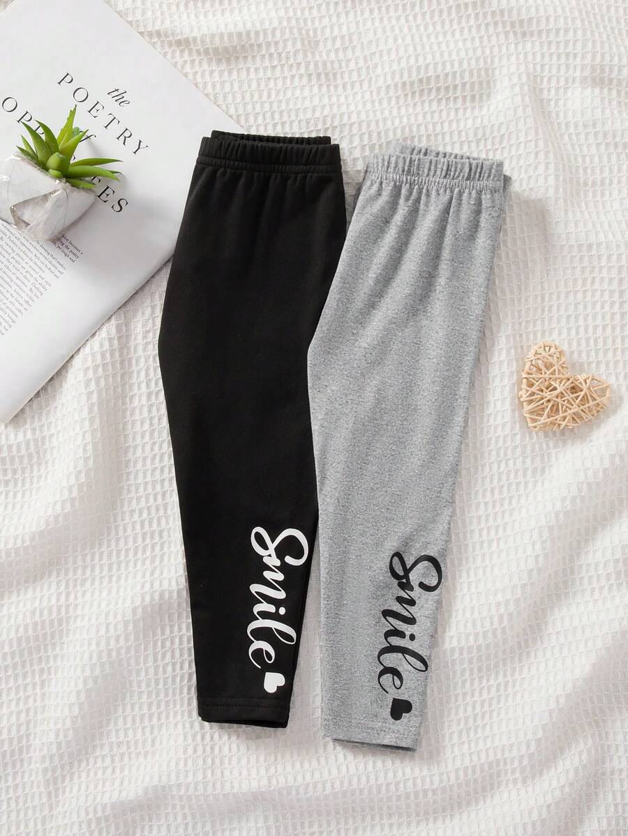 SHEIN 2pcs Baby Girl Casual Knit Letter Pattern Elastic Waist Pants - Multicolor - View 1