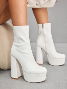 CUCCOO SZL 女式白色方头粗跟防水台弹力简约正式侧拉链踝靴和短靴 - 白色 - 查看 5