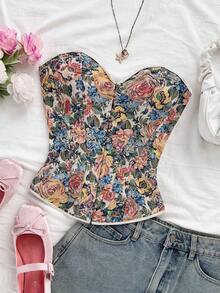 Soleia Áo crop top in hoa jacquard nhiều màu phong cách cung điện cổ điển dành cho nữ, có nút và dây buộc phía sau - Nhiều màu - Xem 6