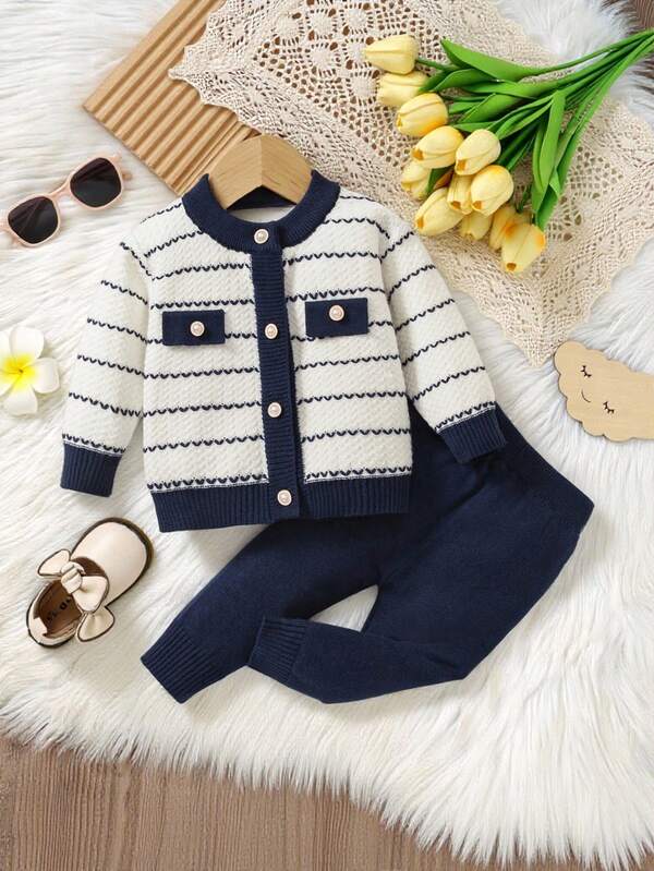SHEIN Vintaside Kids 2pcs Baby Girls Striped Pattern Round Neck Button Front Long Sleeve Top And Solid Color Pants Sweater Set