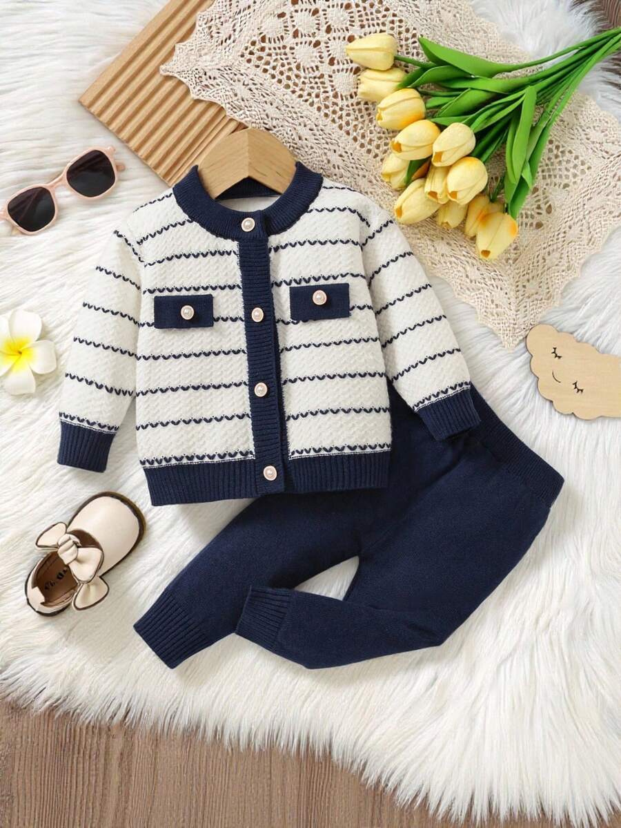 SHEIN Vintaside Kids 2pcs Baby Girls Striped Pattern Round Neck Button Front Long Sleeve Top And Solid Color Pants Sweater Set - Royal Blue - View 1