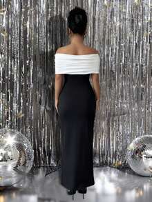 Rafferiza Elegantes Partykleid für Damen in Schwarz & Weiß und Einsätzen, Off-Shoulder - Schwarz und Weiss - Übersicht 2