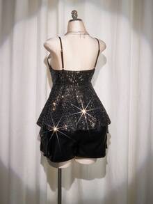 SHEIN ICON 大码 V 领亮片吊带背心、亮片娃娃背心、亮片派对上衣 - 銀色 - 查看 9