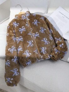 SHEIN Jachetă drăguță cu fundă și blană artificială pentru fete, potrivită pentru iarnă, zi de zi, școală, călătorii și ținute în aer liber