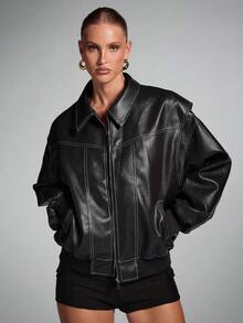 SHEIN BAE 女式纯色长袖拉链休闲宽松 PU 皮夹克，秋季 - 黑色 - 查看 7