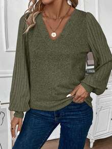 EMERY ROSE Plus Size Women Casual V-Neck T-Shirt, Autumn/Winter - Army Green - View 3
