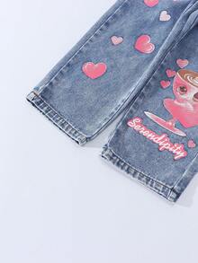 Young Girl Fashionable Snowflake Cartoon Pattern Pocket Loose Wide-Leg Casual Jeans Cutesy Clothes - Blue - View 6