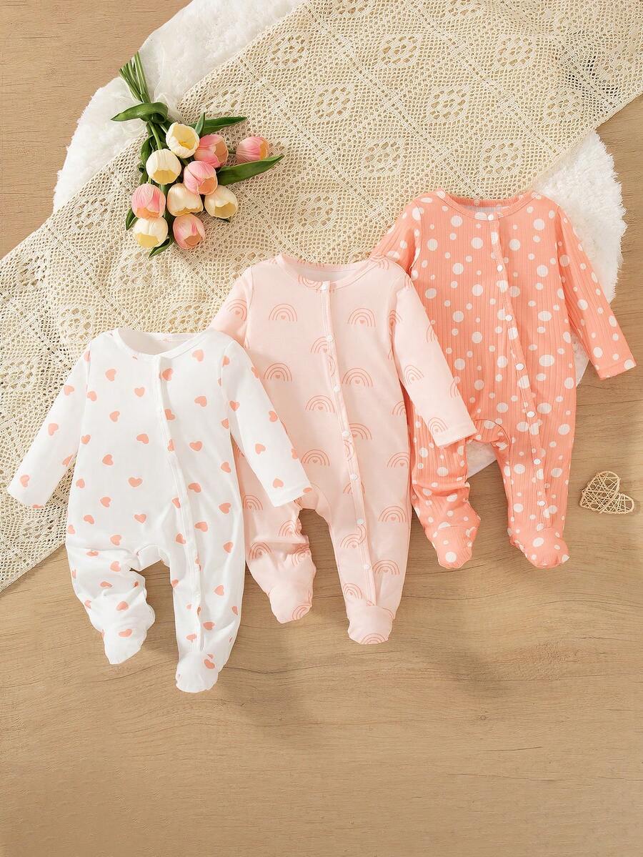 SHEIN Playful Pals Bộ đồ liền thân dài tay họa tiết trái tim cầu vồng dễ thương cho bé sơ sinh màu san hô - Nhiều màu - Xem 1
