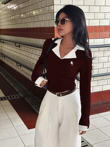 Rina Fox 大码女式刺绣拼色休闲长袖上衣 - 酒紅色 - 查看 6