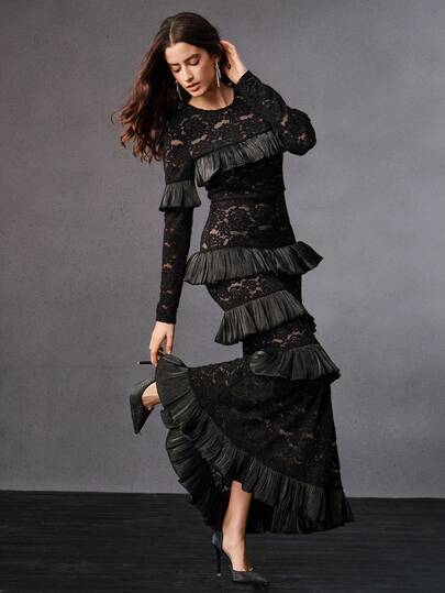 Anewsta Floral Lace Patchwork Shiny Ruffle Hem Fitted Mermaid Dress With Round Neck Long Sleeves