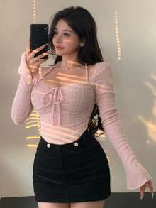 DAZY 女士长袖纹理毛绒系带领口抽绳喇叭袖上衣，粉色，秋冬Y2K风格 - 西瓜粉 - 查看 2