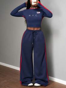 Slaydiva 2025 Automne et Hiver Nouveau Ensemble Deux Pièces Casual Slim Fit Bleu Marine et Rouge Ruban Motif Lettre Col Rond Manches Longues T-Shirt + Pantalon Fuselé à Taille Haute et Jambes Larges Plissé. Convient pour la rentrée scolaire, les tenues de rave, Halloween, Noël, sortie, tenue d'anniversaire, brunch pour femmes, soirée, tenues quotidiennes, tenues de club sexy pour femmes, rendez-vous - bleu indigo - Voir 8