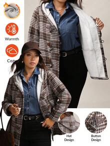 Zelara Women's Vintage Plaid Fleece Plus Size Loose Coat,Brown Winter Casual Hiking White Zip-Up Hoodie,Fall Thanksgiving Warm Cozy New Year Outerwear - Coffee Brown - View 1
