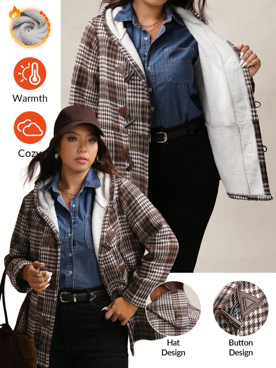 Zelara Women's Vintage Plaid Fleece Plus Size Loose Coat,Brown Winter Casual Hiking White Zip-Up Hoodie,Fall Thanksgiving Warm Cozy New Year Outerwear - Coffee Brown - View 1