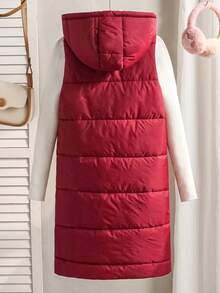 SHEIN Tween Girls Casual All-Match Hooded Sleeveless Pocket Contrast Color Padded Long Padded Vest, Autumn/Winter - Burgundy - View 2