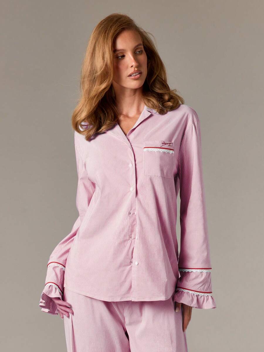 AiiRZ 休闲睡衣衬衫，配有胸袋和荷叶边袖口，条纹纽扣式睡衣上衣 - 粉色 - 查看 1