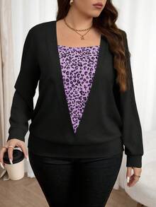 EMERY ROSE Sudadera de cuello redondo con estampado de leopardo para mujer talla grande, ropa de otoño y primavera para tallas grandes