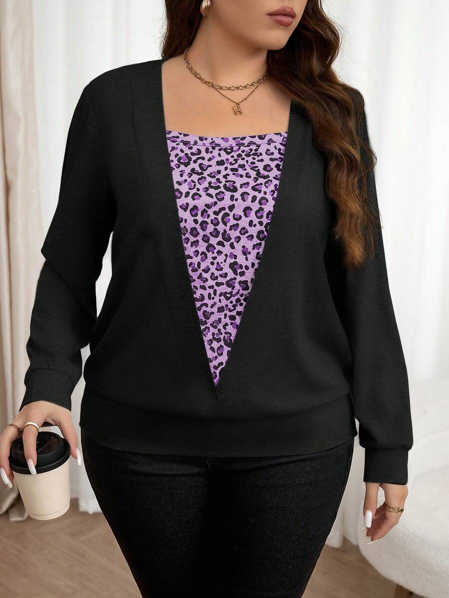 EMERY ROSE Sudadera de cuello redondo con estampado de leopardo para mujer talla grande, ropa de otoño y primavera para tallas grandes